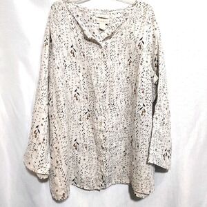 Cynthia Rowley Womens 2X Tunic Button Up Blouse Floral Beige Linen Long Roll Tab